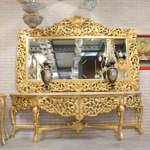 Casa Padrino Luxus Barock Spiegelkonsole Gold - mit Akanthus Schnitzerei - Prunkvoller Konsolentisch mit Wandspiegel - Antik Stil Flur M�bel - Barock M�bel