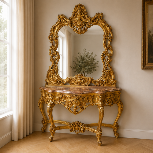 Casa Padrino Luxus Barock Spiegelkonsole Gold - mit Muschel Bekr�nung - Prunkvoller Konsolentisch mit Wandspiegel - Antik Stil Flur M�bel - Barock M�bel