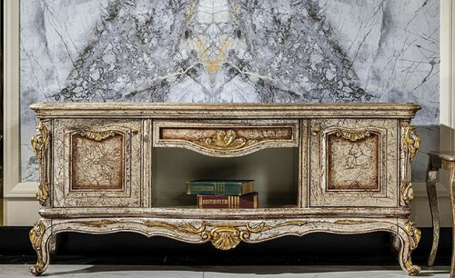 Casa Padrino Luxus Barock TV Schrank Antik Silber / Braun / Gold - Prunkvolles Wohnzimmer Sideboard mit 2 T�ren und Schublade - Barock Wohnzimmer M�bel