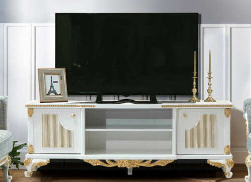 Casa Padrino Luxus Barock TV Schrank Wei� / Gold - Handgefertigtes Massivholz Sideboard mit 2 T�ren - Barock Wohnzimmer M�bel