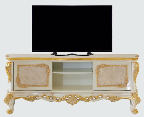Casa Padrino Luxus Barock TV Schrank Beige / Wei� / Gold - Prunkvolles Wohnzimmer Sideboard mit 2 T�ren - Barock Wohnzimmer M�bel
