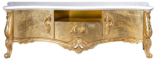 Casa Padrino Luxus Barock TV Schrank Wei� / Gold 176 x 48 x H. 61 cm - Prunkvoller Fernsehschrank mit 2 T�ren und Schublade - Barock Wohnzimmer M�bel