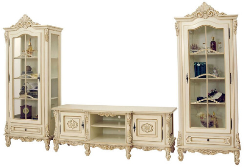 Casa Padrino Luxus Barock Wohnzimmer Set Creme / Beige - 1 Barock TV Schrank & 2 Barock Vitrinen - Luxus Wohnzimmer M�bel im Barockstil - Barock M�bel - Edel & Prunkvoll