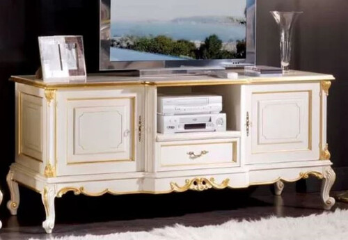 Casa Padrino Luxus Barock TV Schrank Wei� / Gold - Handgefertigtes Massivholz Sideboard mit 2 T�ren und Schublade - Barock Wohnzimmer M�bel - Luxus Qualit�t - Made in Italy