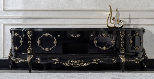 Casa Padrino Luxus Barock TV Schrank Schwarz / Gold - Prunkvolles Massivholz Sideboard mit 4 T�ren und Schublade - Wohnzimmer M�bel im Barockstil - Barock M�bel - Edel & Prunkvoll