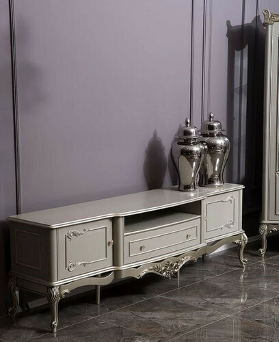 Casa Padrino Luxus Barock TV Schrank Grau / Silber 191 x 44 x H. 63 cm - Prunkvoller Massivholz Fernsehschrank - Barock Wohnzimmer M�bel