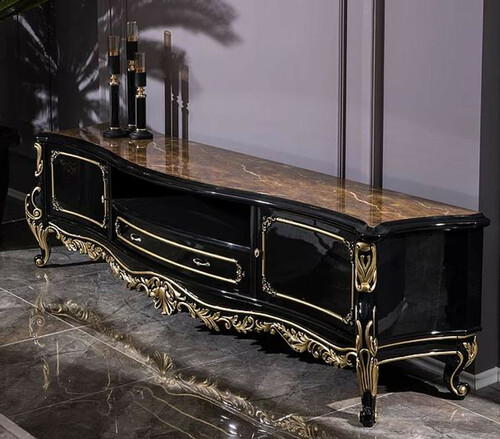 Casa Padrino Luxus Barock TV Schrank Schwarz / Gold 228 x 48 x H. 61 cm - Prunkvoller Massivholz Fernsehschrank - Barock Wohnzimmer M�bel