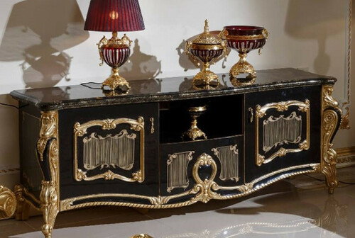 Casa Padrino Luxus Barock TV Schrank Schwarz / Gold - Prunkvolles Massivholz Sideboard mit 2 T�ren und Schublade - Barock M�bel - Edel & Prunkvoll