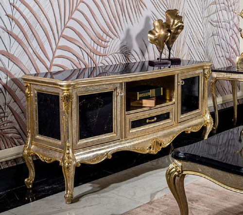 Casa Padrino Luxus Barock TV Schrank Silber / Schwarz / Gold - Prunkvolles Massivholz Sideboard mit 2 T�ren und Schublade - Wohnzimmer M�bel im Barockstil - Barock M�bel - Edel & Prunkvoll