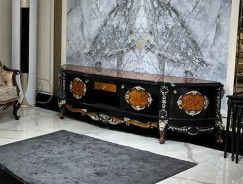 Casa Padrino Luxus Barock TV Schrank Braun / Schwarz / Silber - Prunkvolles Massivholz Sideboard mit 4 T�ren und Schublade - Wohnzimmer M�bel im Barockstil - Barock M�bel - Edel & Prunkvoll