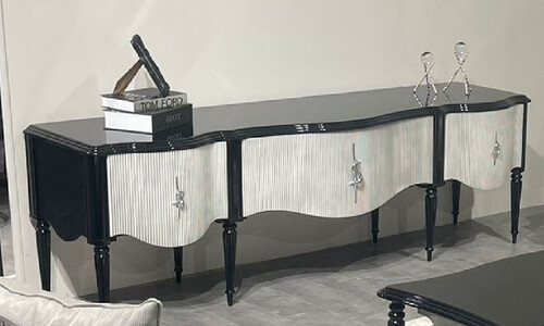 Casa Padrino Luxus Barock TV Schrank Schwarz / Grau / Silber - Prunkvolles Massivholz Sideboard mit 3 Schubladen - Wohnzimmer M�bel im Barockstil - Barock M�bel - Edel & Prunkvoll