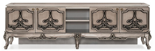 Casa Padrino Luxus Barock TV Schrank Silber - Prunkvolles Massivholz Sideboard mit 4 T�ren - Luxus Wohnzimmer M�bel im Barockstil - Barock M�bel - Edel & Prunkvoll