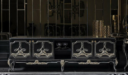 Casa Padrino Luxus Barock TV Schrank Schwarz / Gold - Prunkvolles Wohnzimmer Sideboard mit 4 T�ren - Barock Wohnzimmer M�bel