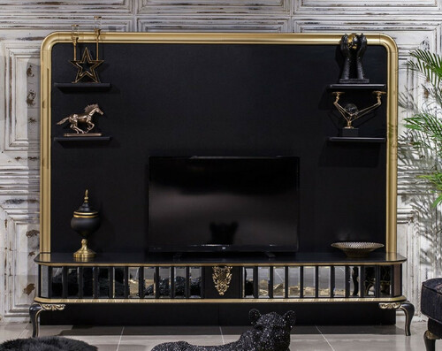 Casa Padrino Luxus Barock TV Schrank Schwarz / Gold - Prunkvolles Wohnzimmer Sideboard mit R�ckwand - Barock Wohnzimmer M�bel