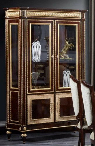 Casa Padrino Luxus Barock Vitrine Dunkelbraun / Gold - Prunkvoller Massivholz Vitrinenschrank mit 4 T�ren - Luxus M�bel im Barockstil - Barock M�bel - Edel & Prunkvoll