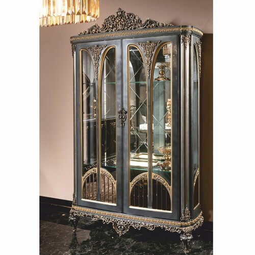 Casa Padrino Luxus Barock Vitrine Grau / Gold 160 x H. 245 cm - Prunkvoller Massivholz Vitrinenschrank - Barock M�bel