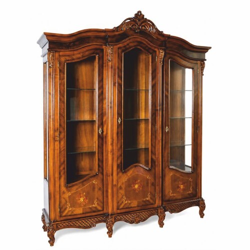 Casa Padrino Luxus Barock Vitrine mit 3 T�ren Braun Intarsien 177,6 x H. 230 cm - Prunkvoller Barockstil Vitrinenschrank - Barock M�bel