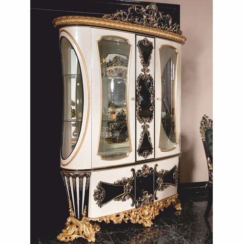Casa Padrino Luxus Barock Vitrine Wei� / Schwarz / Gold 180 x H. 245 cm - Prunkvoller Massivholz Vitrinenschrank - Barock M�bel