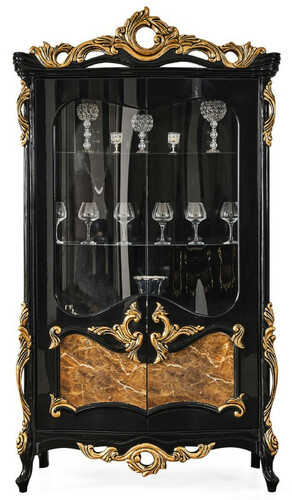 Casa Padrino Luxus Barock Vitrine Schwarz / Braun / Gold 156 x 50 x H. 220 cm - Prunkvoller Massivholz Vitrinenschrank mit 2 Glast�ren - Barock M�bel