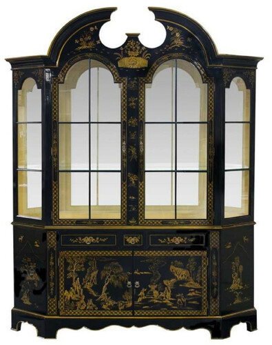 Casa Padrino Luxus Barock Vitrine im chinesischen Stil Schwarz / Gold - Handgefertigter Barock Vitrinenschrank mit 4 T�ren und 3 Schubladen - Barock M�bel - Edel & Prunkvoll