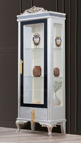 Casa Padrino Luxus Barock Vitrine Silber / Schwarz / Gold - Handgefertigter Massivholz Vitrinenschrank - Barock Wohnzimmer M�bel