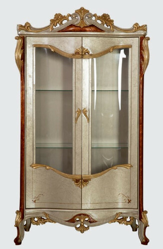Casa Padrino Luxus Barock Vitrine Silber / Braun / Gold - Handgefertigter Massivholz Vitrinenschrank mit 2 T�ren - Prunkvolle Barock M�bel