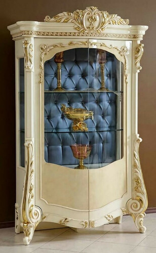 Casa Padrino Luxus Barock Vitrine Beige / Wei� / Gold / Blau - Prunkvoller Massivholz Vitrinenschrank mit 2 Glast�ren - Handgefertigte Barock M�bel - Edel & Prunkvoll