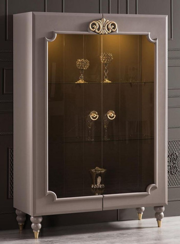 Casa Padrino Luxus Barock Vitrine Grau / Gold 116 x 45 x H. 170 cm - Beleuchteter Massivholz Vitrinenschrank mit 2 Glast�ren - Edle Barock M�bel