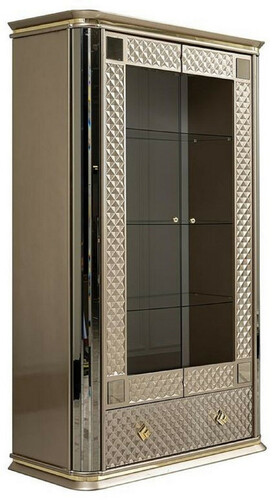 Casa Padrino Luxus Art Deco Vitrine Beige / Gold - Handgefertigter Massivholz Vitrinenschrank mit 2 T�ren und Schublade - Edle Art Deco M�bel