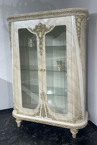 Casa Padrino Luxus Barock Vitrine Beige / Grau / Gold - Prunkvoller Massivholz Vitrinenschrank mit 2 Glast�ren - Luxus M�bel im Barockstil - Barock M�bel - Edel & Prunkvoll