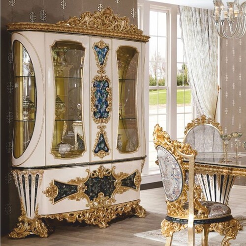 Casa Padrino Luxus Barock Vitrine Wei� / Blau / Gold 180 x H. 245 cm - Prunkvoller Massivholz Vitrinenschrank - Barock M�bel