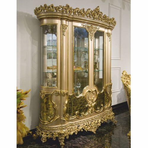 Casa Padrino Luxus Barock Vitrine Grau / Gr�n / Gold 200 x H. 230 cm - Prunkvoller Massivholz Vitrinenschrank - Barock M�bel