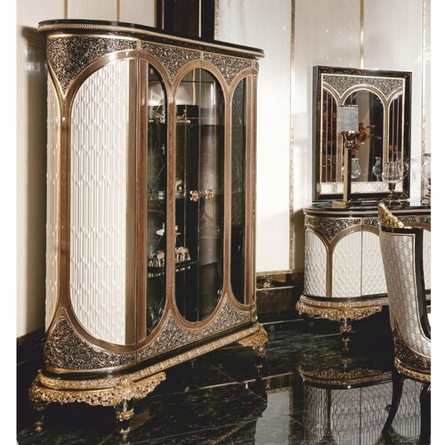 Casa Padrino Luxus Barock Vitrine Wei� / Braun / Schwarz / Gold 157 x H. 200 cm - Prunkvoller Massivholz Vitrinenschrank - Barock M�bel