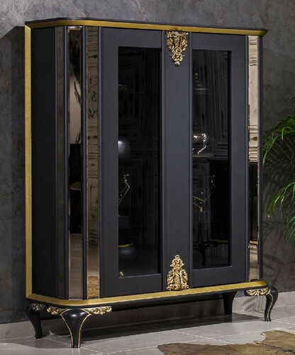 Casa Padrino Luxus Barock Vitrine Schwarz / Gold - Verspiegelter Massivholz Vitrinenschrank mit 2 T�ren - Prunkvolle Barock M�bel