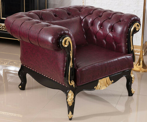 Casa Padrino Luxus Barock Chesterfield Sessel Bordeauxrot / Schwarz / Gold - Prunkvoller Wohnzimmer Sessel mit edlem Kunstleder - Barock Chesterfield Wohnzimmer M�bel