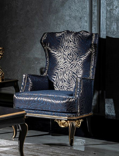 Casa Padrino Luxus Barock Ohrensessel Blau / Schwarz / Gold - Edler Wohnzimmer Sessel mit elegantem Muster - Handgefertigte Barock M�bel