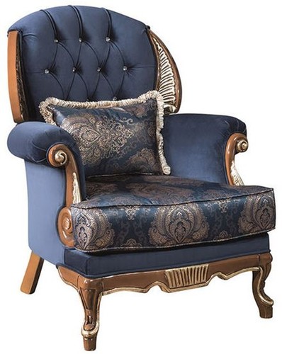 Casa Padrino Luxus Barock Wohnzimmer Sessel mit Glitzersteinen und dekorativem Kissen Blau / Braun 100 x 90 x H. 110 cm - Edel & Prunkvoll