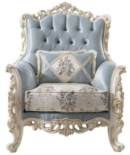 Casa Padrino Luxus Barock Wohnzimmer Sessel mit dekorativem Kissen Hellblau / Creme / Wei� / Gold 97 x 90 x H. 120 cm - Edle Barock Wohnzimmer M�bel