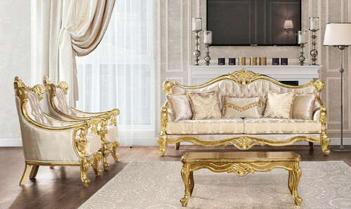 Casa Padrino Luxus Barock Wohnzimmer Set Beige / Gold - 2 Barock Sofas mit Muster & 2 Barock Sessel mit Muster & 1 Barock Couchtisch - Barock Wohnzimmer M�bel