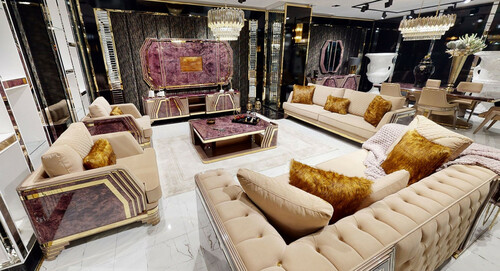 Casa Padrino Luxus Art Deco Wohnzimmer Set Beige / Lila / Grau / Gold - 2 Sofas & 2 Sessel & 1 Couchtisch - Luxus Art Deco Wohnzimmer & Hotel M�bel