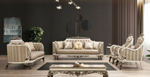 Casa Padrino Luxus Barock Wohnzimmer Set Beige / Cremefarben / Braun / Gold - 2 Sofas & 2 Sessel & 1 Couchtisch - Handgefertigte Wohnzimmer M�bel im Barockstil - Edel & Prunkvoll