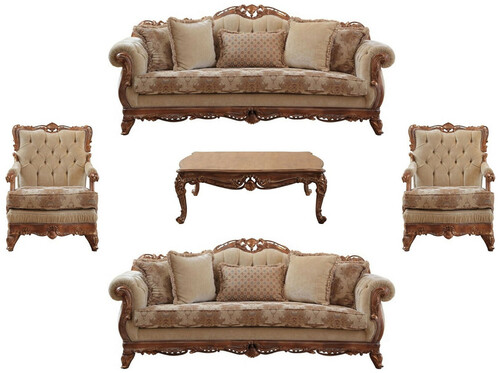 Casa Padrino Luxus Barock Wohnzimmer Set Beige / Braun - 2 Sofas & 2 Sessel & 1 Couchtisch - Handgefertigte Wohnzimmer M�bel im Barockstil - Edel & Prunkvoll
