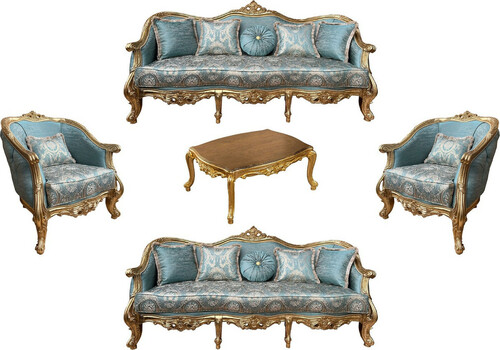 Casa Padrino Luxus Barock Wohnzimmer Set T�rkis Muster / Gold - 2 Barock Sofas & 2 Barock Sessel & 1 Barock Couchtisch - Luxus Wohnzimmer M�bel im Barockstil - Barock M�bel - Edel & Prunkvoll