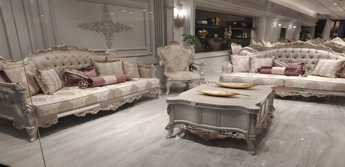 Casa Padrino Luxus Barock Wohnzimmer Set Beige / Grau / Kupfer - 2 Barock Sofas mit Muster & 2 Barock Sessel mit Muster & 1 Barock Couchtisch - Barock Wohnzimmer M�bel