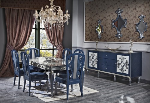 Casa Padrino Luxus Barock Esszimmer Set Blau / Silber - Esstisch und 6 Esszimmerst�hle - Barock Esszimmerm�bel