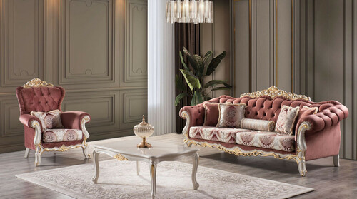 Casa Padrino Luxus Barock Wohnzimmer Set Rot / Wei� / Gold - 2 Sofas & 2 Sessel & 1 Couchtisch - Prunkvolle Barock Wohnzimmer M�bel