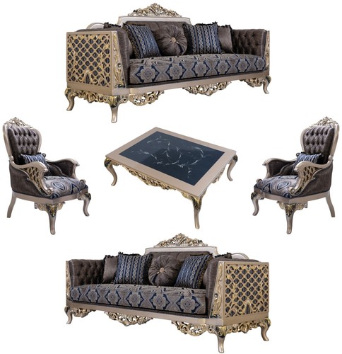 Casa Padrino Luxus Barock Wohnzimmer Set Blau / Silber / Gold - 2 Sofas & 2 Sessel & 1 Couchtisch - Prunkvolle Barock Wohnzimmer M�bel