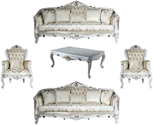 Casa Padrino Luxus Barock Wohnzimmer Set Gold Muster / Antik Wei� / Gold - 2 Sofas & 2 Sessel & 1 Couchtisch - Wohnzimmer M�bel im Barockstil - Edel & Prunkvoll