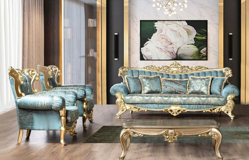 Casa Padrino Luxus Barock Wohnzimmer Set T�rkis / Gold - 2 Barock Sofas mit Muster & 2 Barock Sessel mit Muster & 1 Barock Couchtisch - Barock Wohnzimmer M�bel