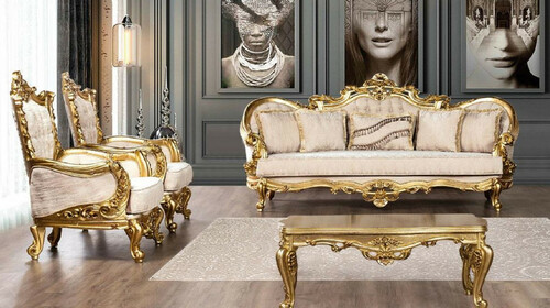 Casa Padrino Luxus Barock Wohnzimmer Set Cremefarben / Gold - 2 Barock Sofas & 2 Barock Sessel & 1 Barock Couchtisch - Barock Wohnzimmer M�bel